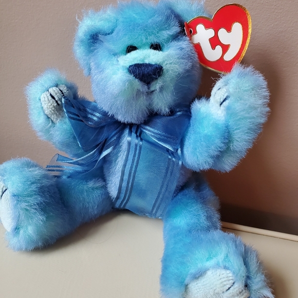 TY fuzzy blue bear stuffed animal plush Azure with bow and tags - Picture 2 of 5